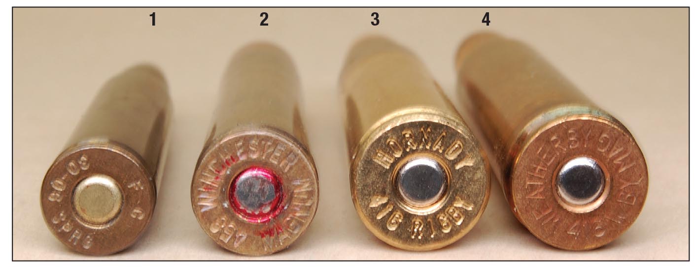 Comparative base sizes of the (1) .30-06, (2) standard belted magnum, (3) .416 Rigby and the (4) .416 Weatherby Magnum. The rims of the Rigby and Weatherby cartridges are the same diameter, only Weatherby adds a belt above the extractor groove.